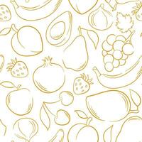 Fruits seamless pattern background in line art style. Strawberry, grapes, banana, avocado, pomegranate, cherry, pear, peach. Hand drawn vector illustration.