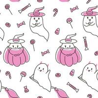 Pink spooky halloween ghosts with candy seamless pattern repeat print background. Great for kids and home decor. Surface pattern design. Vector illustration isolated on a white background.