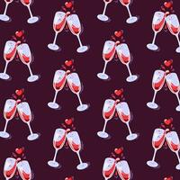 Wine glasses seamless pattern in cartoon style. Vector illustration with clinking glasses and hearts. Background with glasses for textiles, wrapping paper, print.