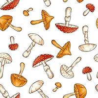 Seamless pattern with inedible mushrooms in cartoon, line art style. For wrapping paper, wallpaper, textiles, background. Vector illustration isolated on a white background.