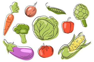 Vector vegetables icons set in line art style. Collection farm product. Flat icons of eggpant, artichoke, corn, cabbage. Vegetarian healthy food.