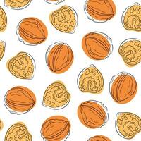 Seamless pattern of line art walnuts on white background. Design for nut chocolate, nut cream and nut products packing. Vector illustration.