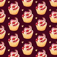 Cupcakes cute seamless pattern in cartoon style. Vector illustration background with cakes and hearts.