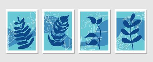 Set of vector abstract creative backgrounds with tropical leaves. Hand Drawn textures for wall decoration, postcard or brochure cover design.