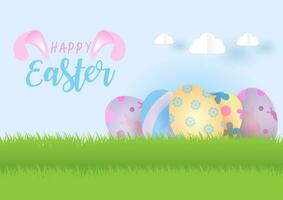 Heap colorful Easter eggs on grassland and light blue sky background with clouds and the name of event in vector design.