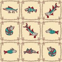 Medieval bestiary style pattern of aquatic beast and sea monsters. Doodle ancient print for tee, paper, textile and fabric. Hand drawn vector illustration.