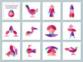 Tangram puzzle game for kids. Colorful geometric collection with isolated objects. Columbus Egg. Various icons on white backdrop. Vector illustration