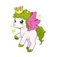 Cute cartoon unicorn with wings, crown and stars. isolated vector illustration with magic animal on white background. Flat art for print, posters, covers and etc.