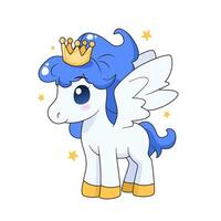 Cute cartoon pony with wings, crown and stars. isolated vector illustration with magic animal on white background. Flat art for print, posters, covers and etc.