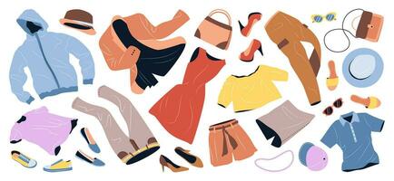 Set of fashion clothes for women. Casual garments and accessories for spring and summer. Jacket, bags, shoes, trousers, shorts, hats flying. Flat vector illustrations isolated on white background.