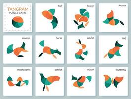 Tangram puzzle game for kids. Colorful geometric collection with isolated objects, plants, animals, birds, fish. Vietnamese game. Various icons on white backdrop. Vector illustration