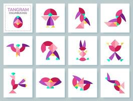 Tangram puzzle game for kids. Colorful geometric collection with isolated objects. Columbus Egg. Various icons on white backdrop. Vector illustration