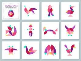 Tangram puzzle game for kids. Colorful geometric collection with isolated objects, people, birds, animals. Columbus Egg. Various icons on white backdrop. Vector illustration