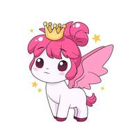 Cute cartoon pony with wings, crown and stars. isolated vector illustration with magic animal on white background. Flat art for print, posters, covers and etc.