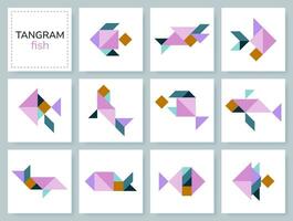 Tangram puzzle game for kids. Geometric colorful collection with various isolated fish and marine animals. isolated Tangram sea and ocean life icons on white backdrop. Vector illustration