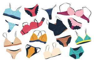 Bundle of female lingerie sets isolated on white background. Collection of elegant undergarments, sexy underwear, bras, bikini and panties for women. Hand drawn colorful flat vector illustrations.