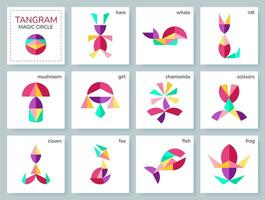 Tangram puzzle game for kids. Colorful geometric collection with isolated objects. Magic circle. Various icons on white backdrop. Vector illustration