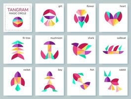 Tangram puzzle game for kids. Colorful geometric collection with isolated objects. Magic circle. Various icons on white backdrop. Vector illustration