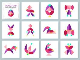 Tangram puzzle game for kids. Colorful geometric collection with isolated objects. Columbus Egg. Various icons on white backdrop. Vector illustration