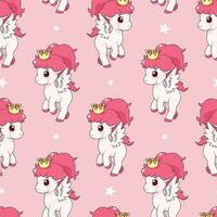 Seamless pattern with cute magic pony with wings, crown and stars. Repeated tile with cartoon characters on pink backdrop. Childish vector design for fabric, print, wrapper, textile, print for kids.