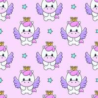 Seamless pattern with cute magic pony with wings, crown and stars. Repeated tile with cartoon characters on pink backdrop. Childish vector design for fabric, print, wrapper, textile, print for kids.