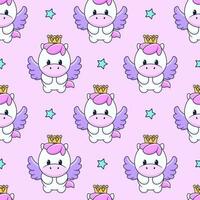 Seamless pattern with cute magic pony with wings, crown and stars. Repeated tile with cartoon characters on pink backdrop. Childish vector design for fabric, print, wrapper, textile, print for kids.