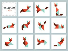 Tangram puzzle game for kids. Colorful geometric collection with isolated cats in various poses. icons with pets on white backdrop. Vector illustration