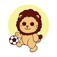 contento linda león jugar fútbol pelota deporte adorable dibujos animados garabatear vector