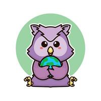 happy owl bird and earth planet adorable cartoon doodle vector illustration flat design style