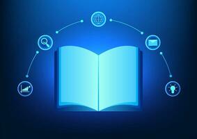 Modern educational technology Books connected to technology icons represent modern education combined with technology. online learning online books vector