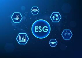 ESG technology is at the front of the world map. It is an investment that is popular all over the world. It is an investment in business, environment, society and good governance. vector