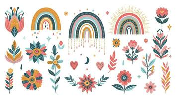 Set of rainbows and flora in boho style. Vector graphics.