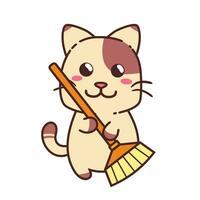 Cute Adorable Happy Brown Cat Cleaning Sweeping With Orange Broom cartoon doodle vector illustration flat design style