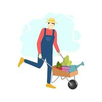 farmer man use carts trolley to transport plants and water pot people character flat design vector illustration