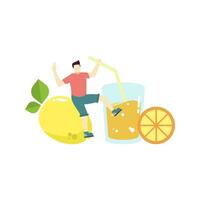 joven hombre participación un vaso de limón jugo personas personaje plano diseño vector ilustración