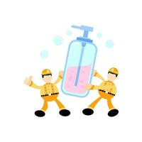 engineer and soap sanitizer hygene cartoon flat design illustration vector