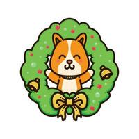 happy dog cute and green christmas ring adorable cartoon doodle vector illustration flat design style