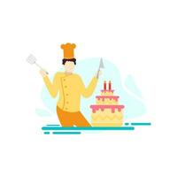 chef cook birthday cake people character flat design vector illustration