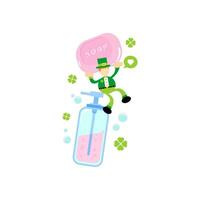 green leprechaun and soap sanitizer hygene cartoon flat design illustration vector