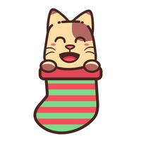 Cute Adorable Happy Brown Cat In Green Red Sock Christmas Event cartoon doodle vector illustration flat design style