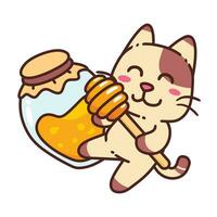 Cute Adorable Happy Brown Cat Eat Honey cartoon doodle vector illustration flat design style