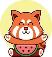 happy red panda eat watermelon fruit adorable cartoon doodle vector illustration flat design style