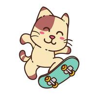 linda adorable contento marrón gato jugar patineta deporte personaje dibujos animados garabatear vector ilustración plano diseño estilo