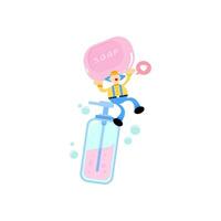 fun clown and soap sanitizer hygene cartoon flat design illustration vector