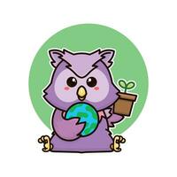 happy owl bird and plant earth planet adorable cartoon doodle vector illustration flat design style