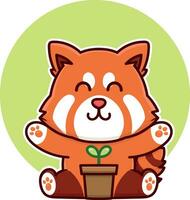 happy red panda plant tree adorable cartoon doodle vector illustration flat design style