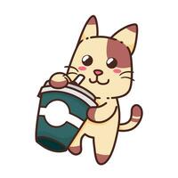 linda adorable contento marrón gato bebida verde taza café personaje dibujos animados garabatear vector ilustración plano diseño estilo