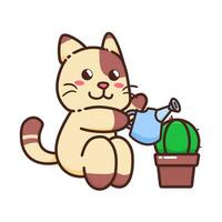 Cute Adorable Happy Brown Cat Watering Little Cactus cartoon doodle vector illustration flat design style