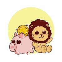 happy cute lion piggy bank money adorable cartoon doodle vector