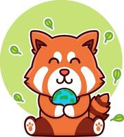 happy red panda and globe earth adorable cartoon doodle vector illustration flat design style